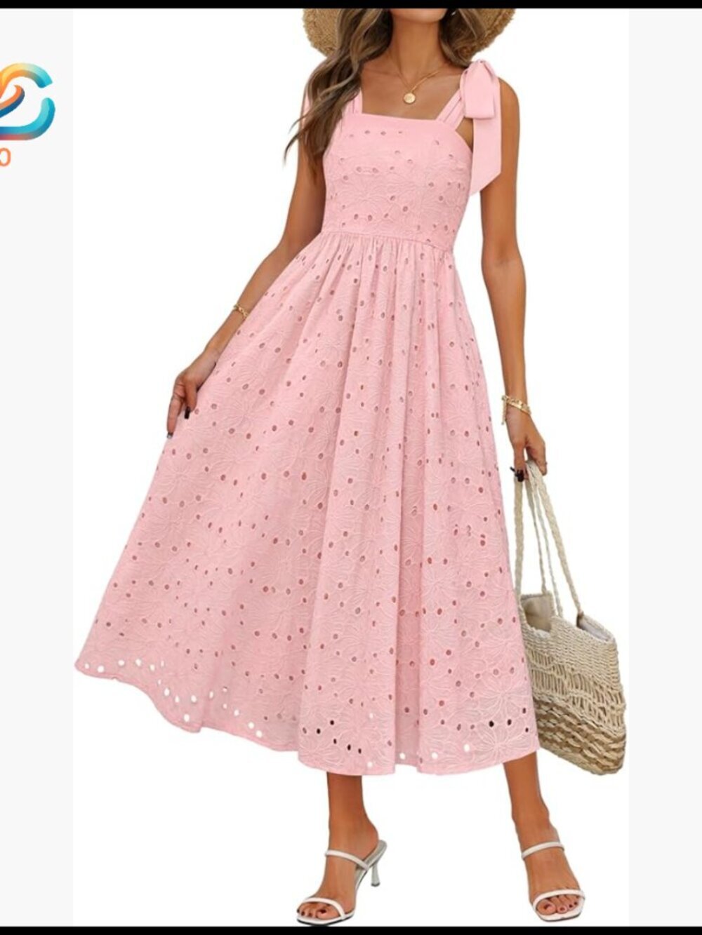 Sleeveless Eyelet Maxi Dress, Square Neck, A-Line, Flowy, Pockets